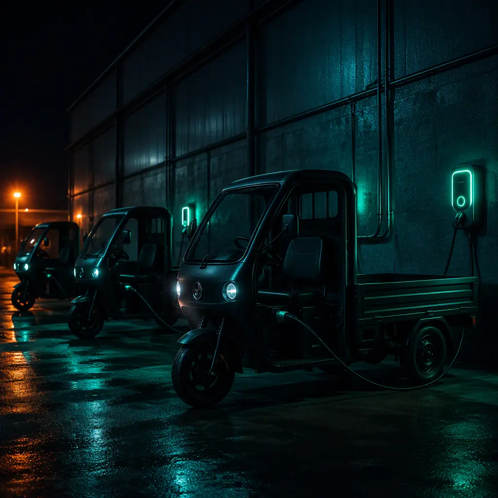 Night view of a fleet depot with electric cargo tricycles plugged into wall chargers along a dark wall, teal LED charging indicators