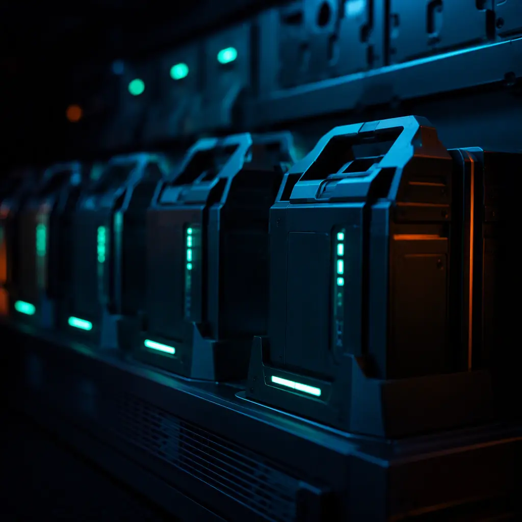 Charging rack in a dark depot with swappable lithium packs docked in wall-mounted slots, teal status lights