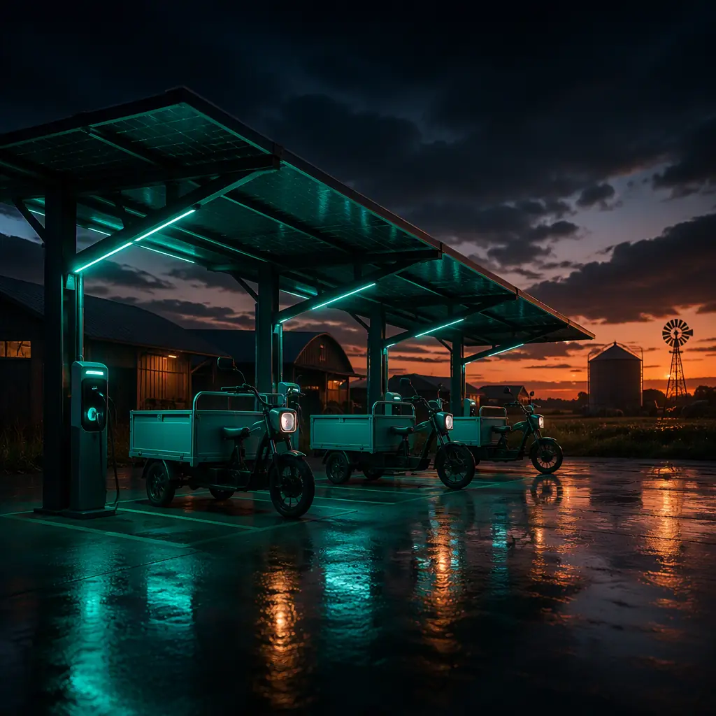 Solar canopy over a row of electric cargo tricycles charging at a rural farm depot at dusk, teal and orange accent lighting