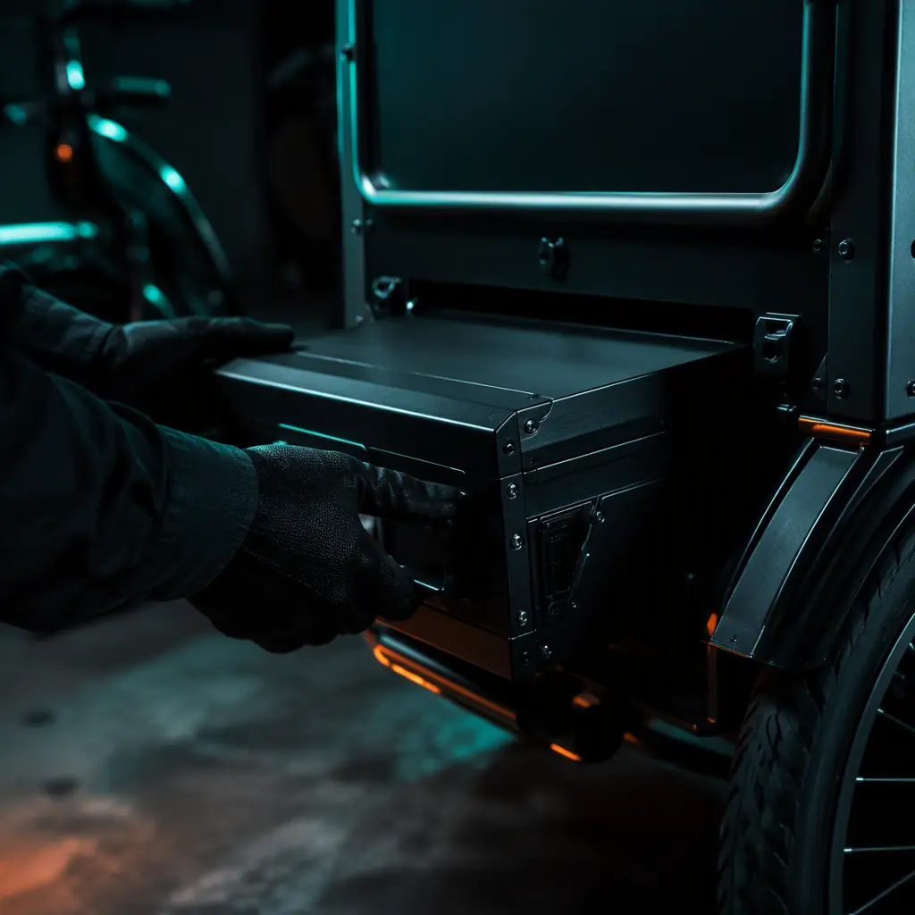 Close-up of a rider's hands removing a slide-out lithium battery pack from an electric cargo tricycle, dark depot with teal lighting