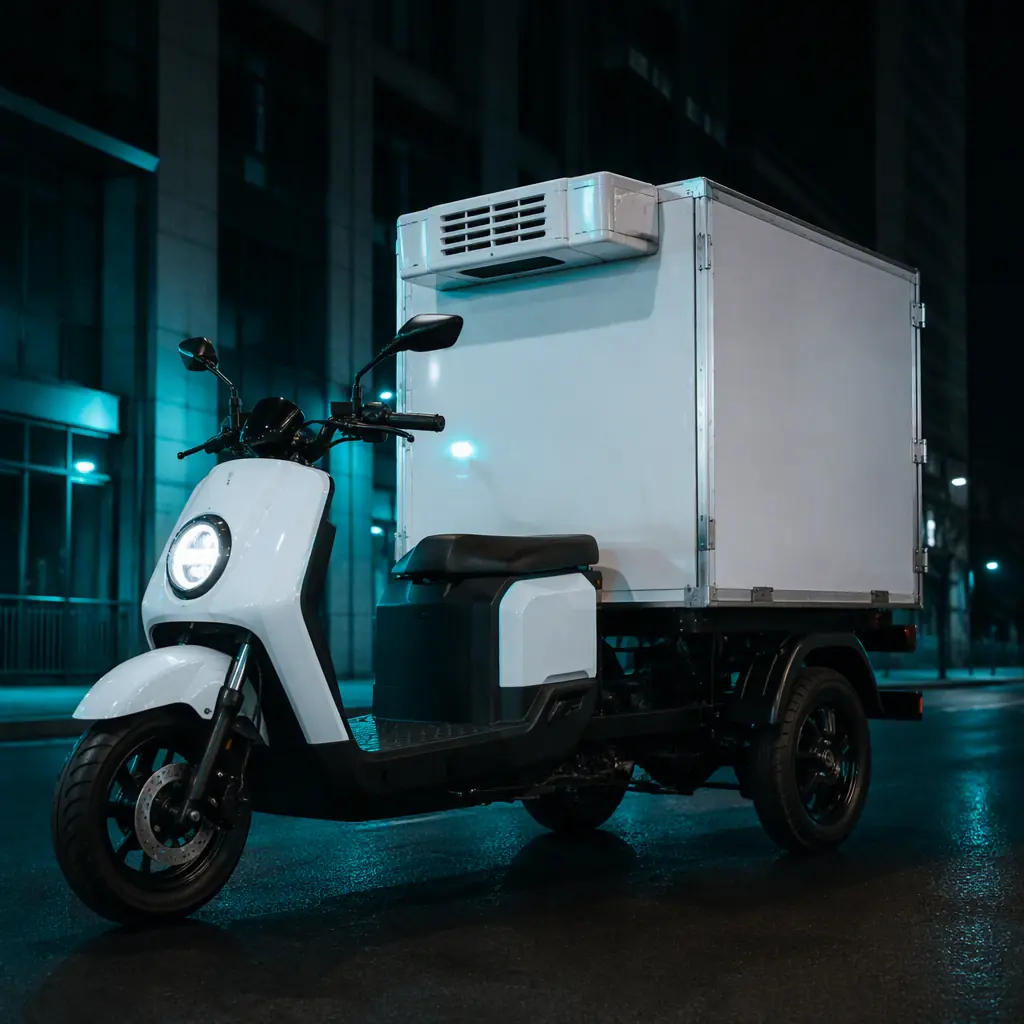 Three-wheeled electric cargo tricycle with two rear wheels and a white refrigerated cargo box on its deck, dark city street at night with teal lighting