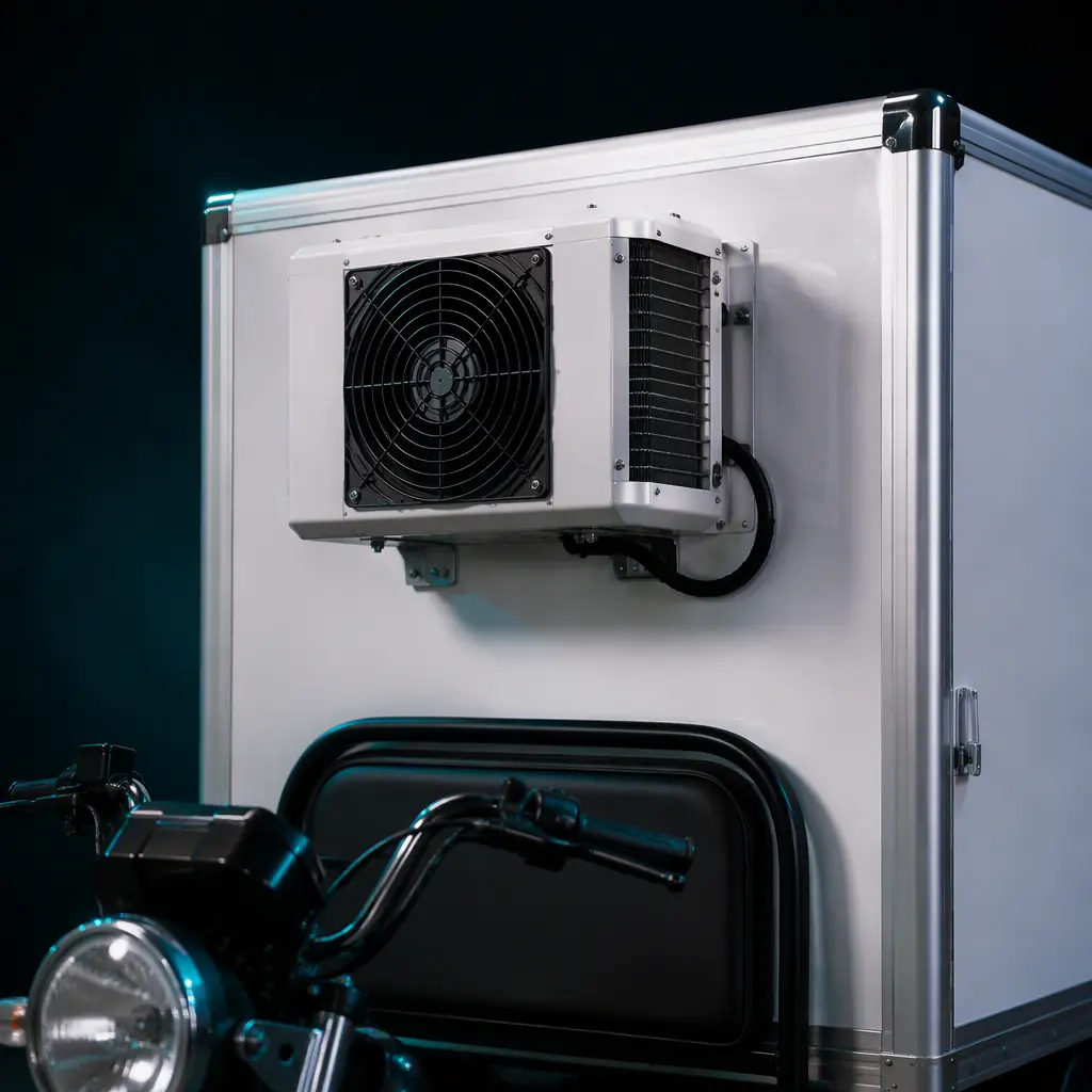 Close-up of a compact DC refrigeration compressor unit mounted on the front wall of a refrigerated box on an electric cargo tricycle, dark background with teal accent light