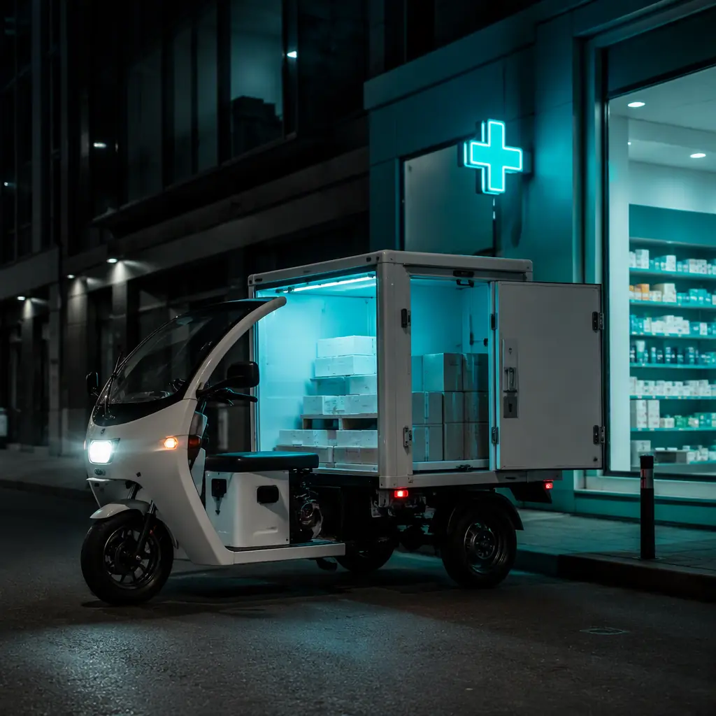 Refrigerated cargo tricycle with two rear wheels stopped at a pharmacy delivery point on a dark city street at night, teal accent lighting