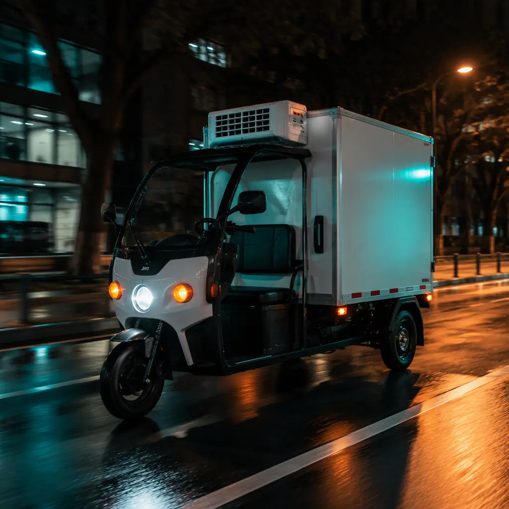 Refrigerated cargo tricycle with two rear wheels moving through a dark city street at night on a delivery route, teal and orange accent lighting