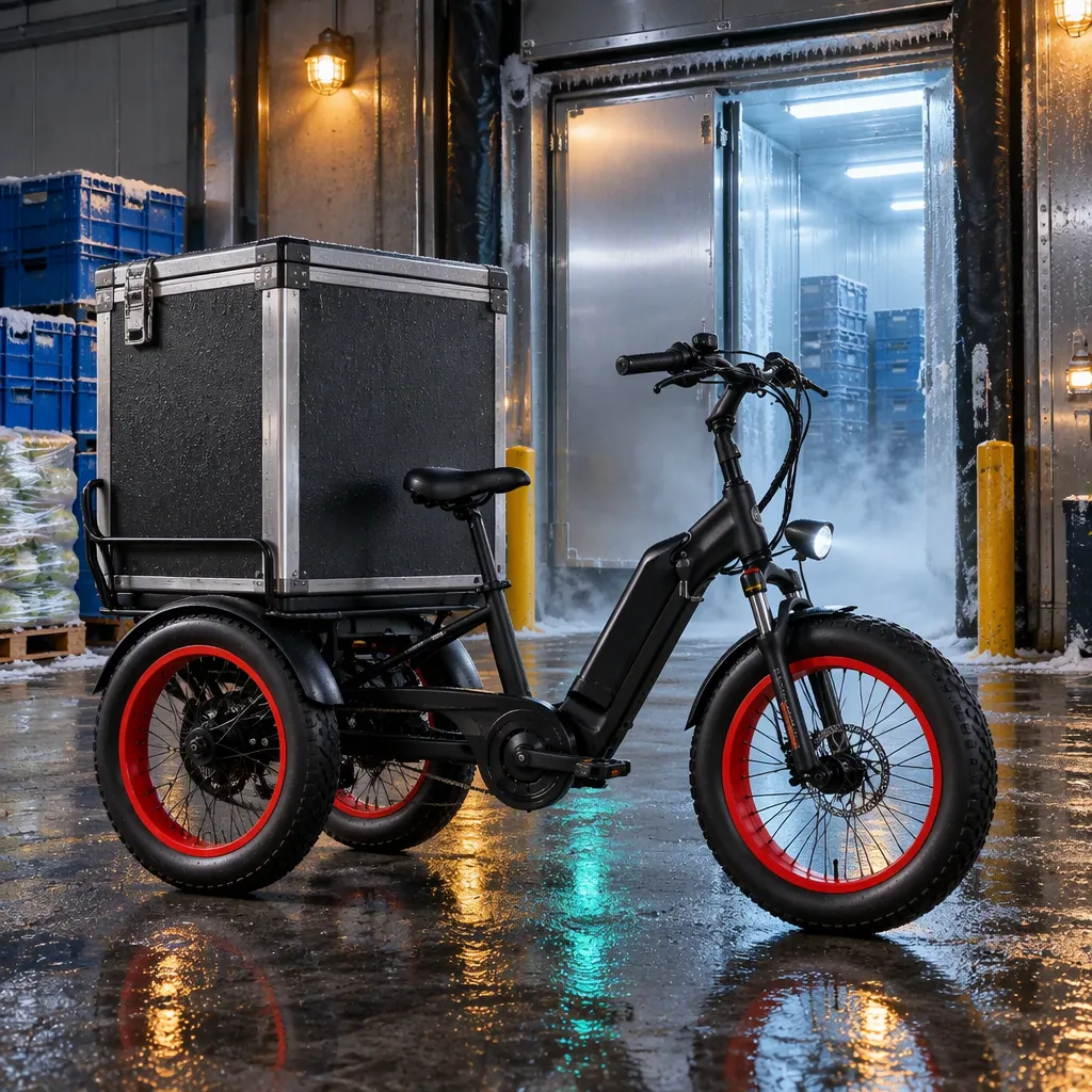 Three-wheeled electric cargo tricycle with an insulated box body parked on the dock apron of a cold storage and food distribution centre, pallets stacked behind it