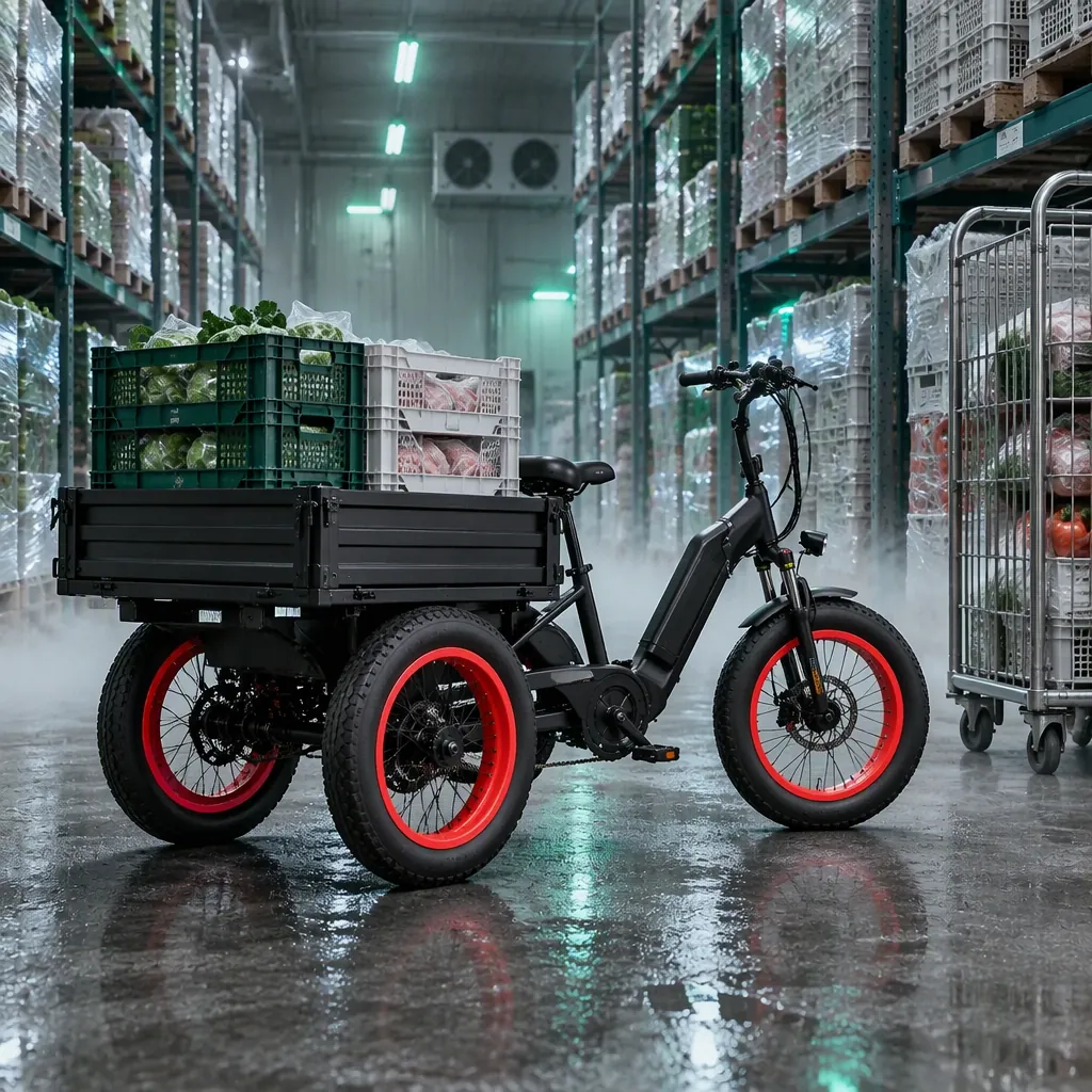 Electric cargo tricycle with insulated sandwich panel box body being loaded with crates inside a cold storage anteroom, strip curtain and racking visible behind
