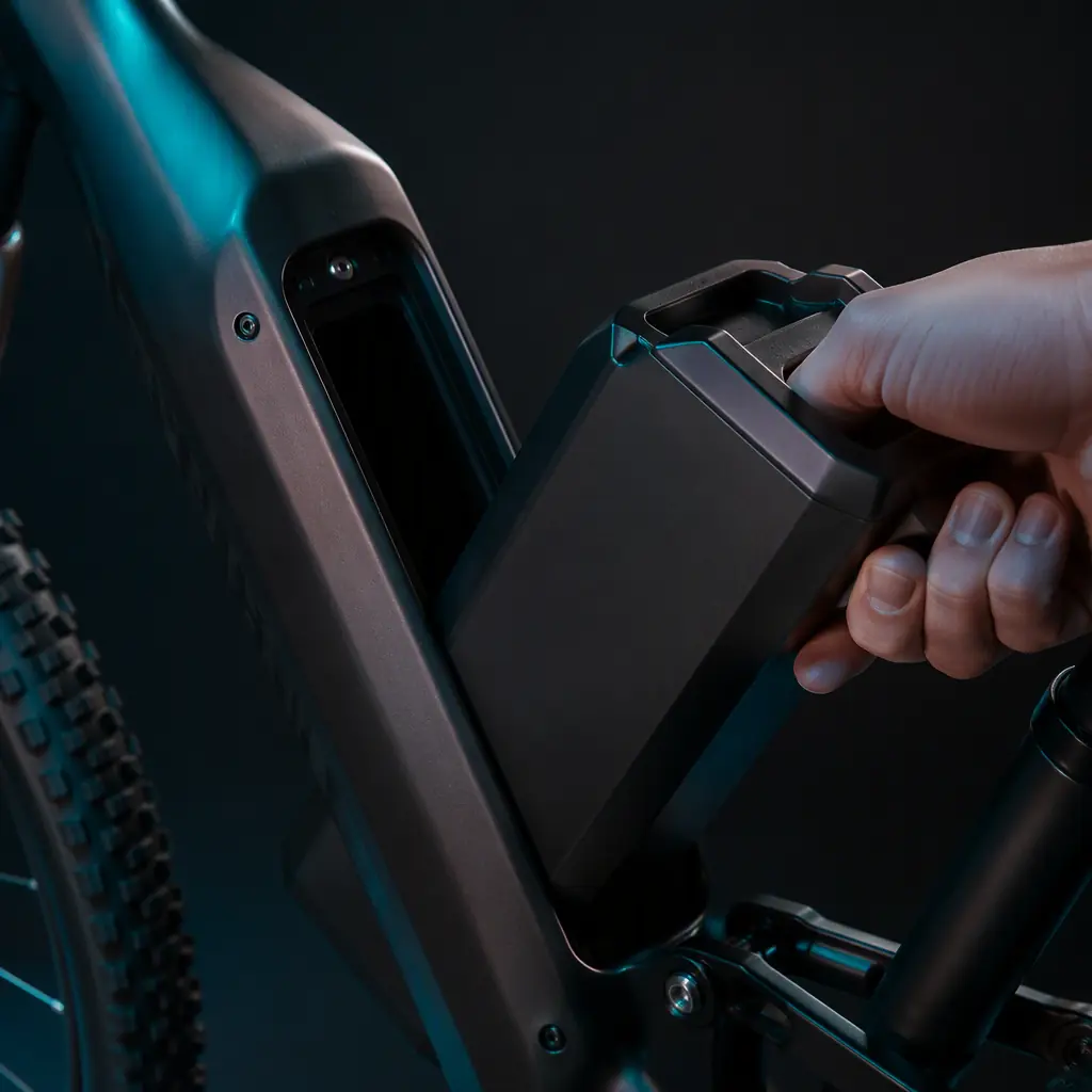 Removable e-bike battery pack being slid out of a commuter bike down tube, dark studio with teal rim light