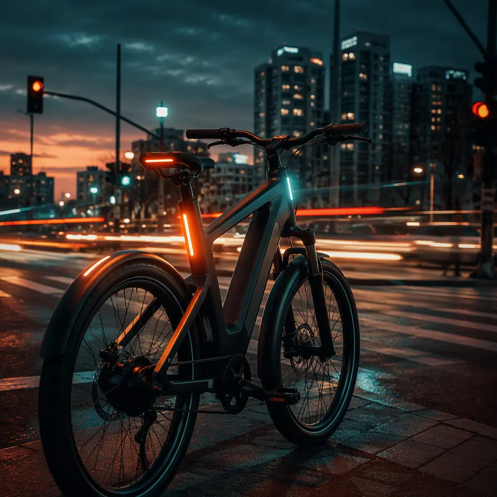 Commuter e-bike with integrated lights on a dark urban street at dusk, teal rim lighting, moody atmosphere