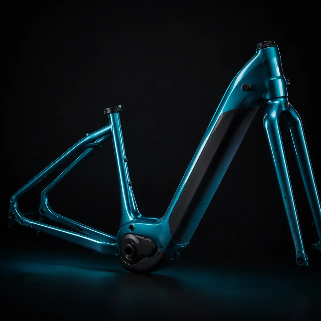 Step-through commuter e-bike frame with integrated battery, dark studio product render with teal accent lighting