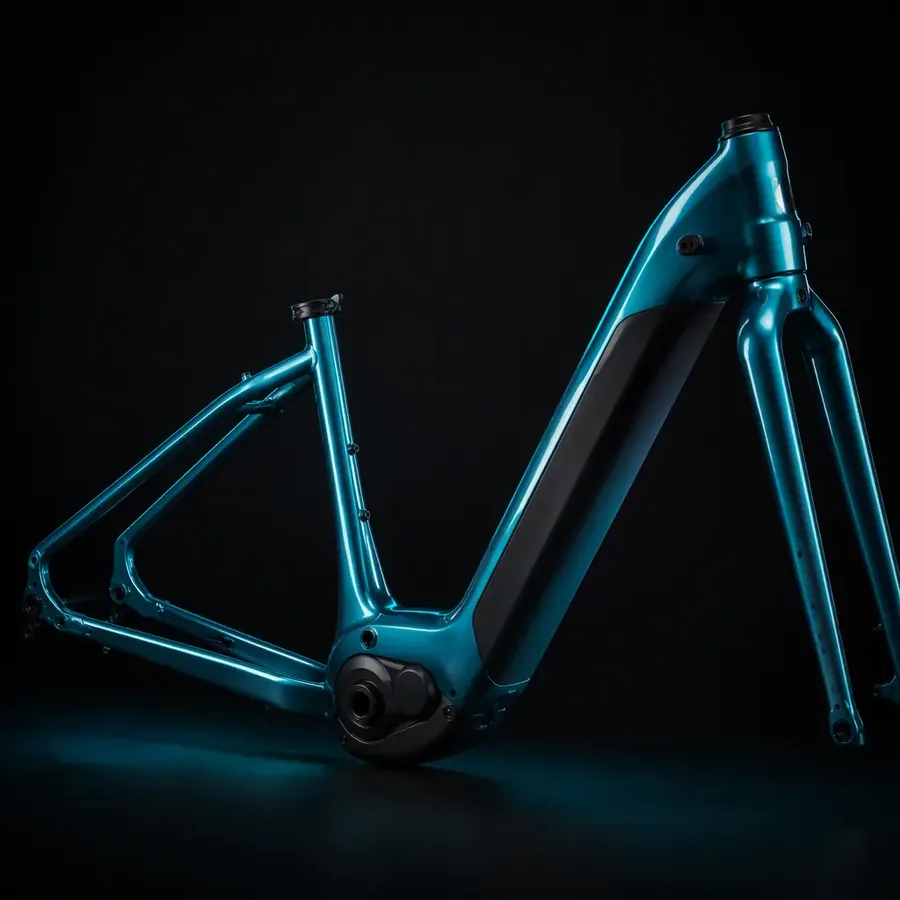 Step-through commuter e-bike frame with integrated battery, dark studio product render with teal accent lighting