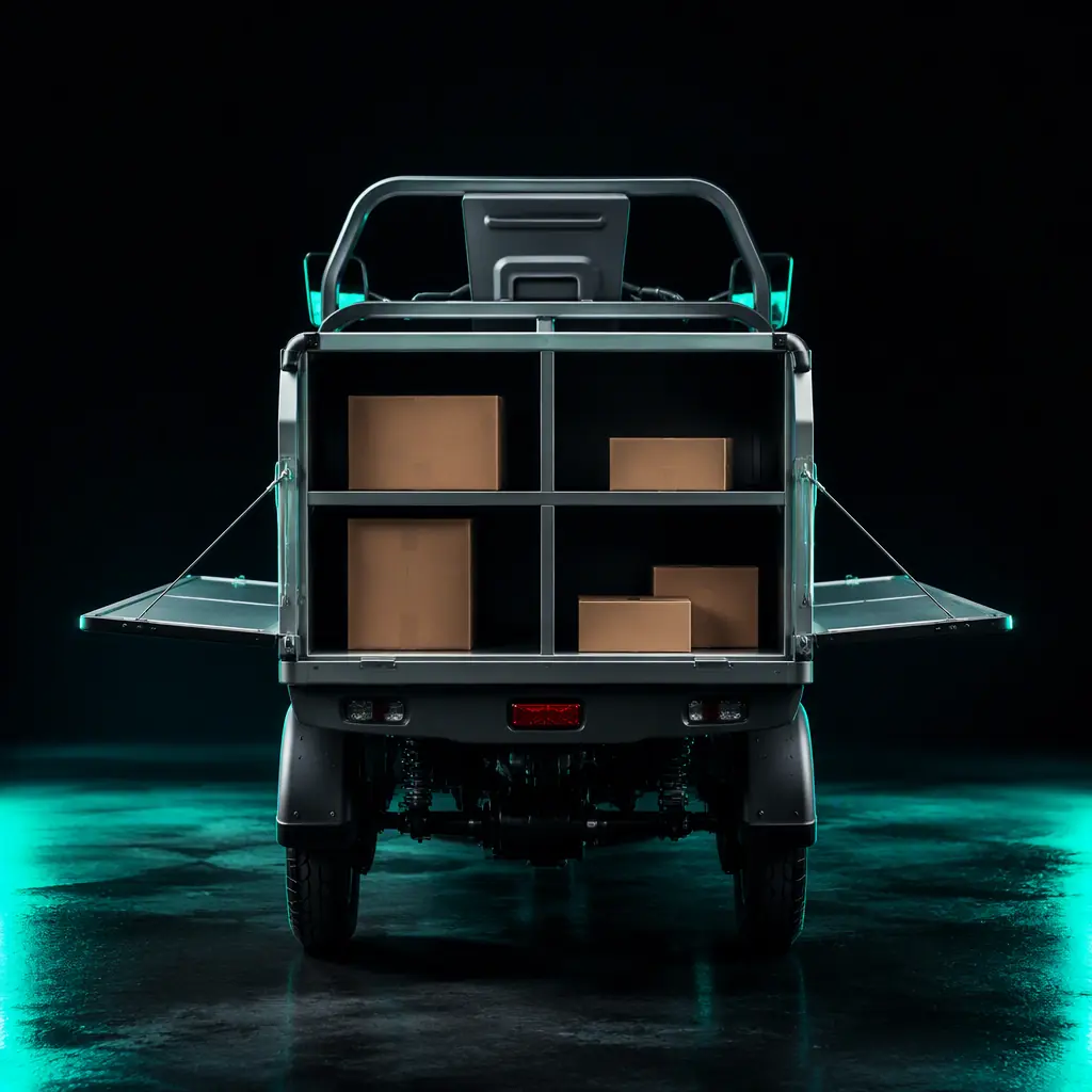 Cargo e-tricycle with a locked compartmentalized parcel box with dividers and drop-sides