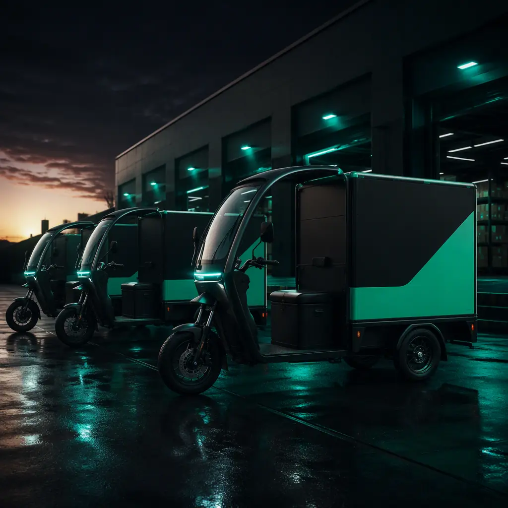 Fleet of cargo e-tricycles with branded parcel boxes lined up at a courier depot at dawn