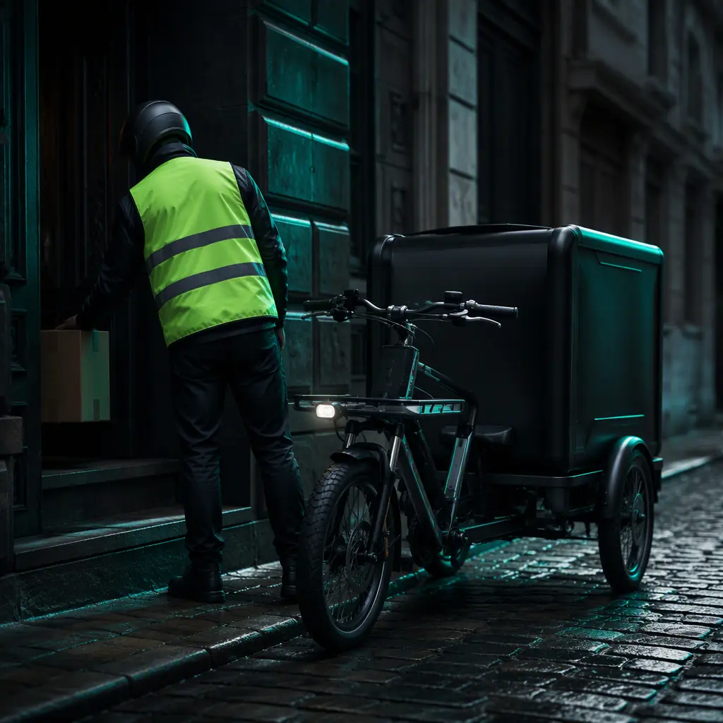 Courier on a cargo e-tricycle making a curbside parcel drop-off in a dense European city street