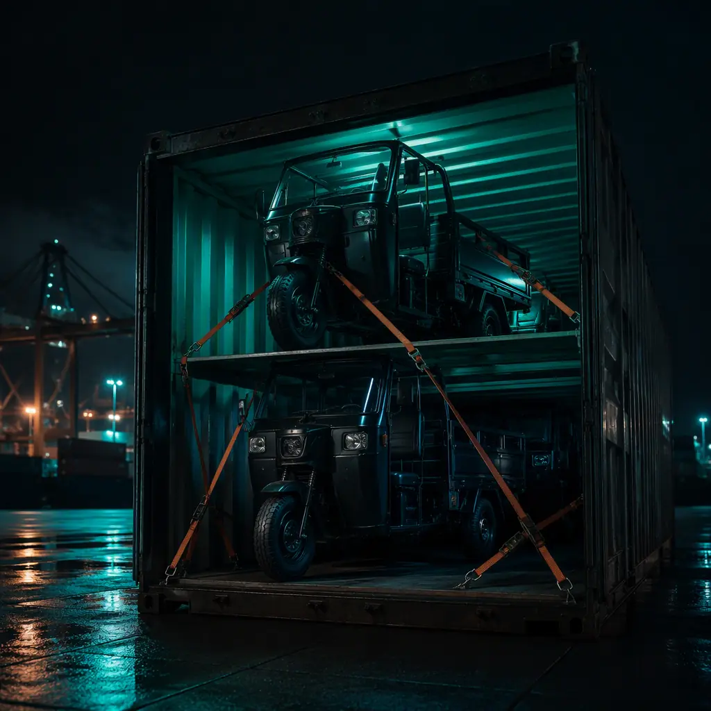 Electric cargo tricycles secured inside a shipping container being loaded at a port, dark industrial lighting with teal accents