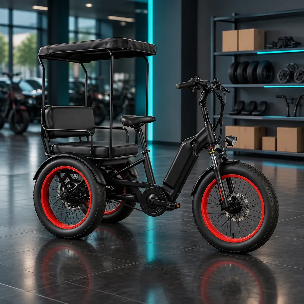 Three-wheeled electric tricycle on display in a dark dealership showroom with teal accent lighting and a spare-parts shelf behind