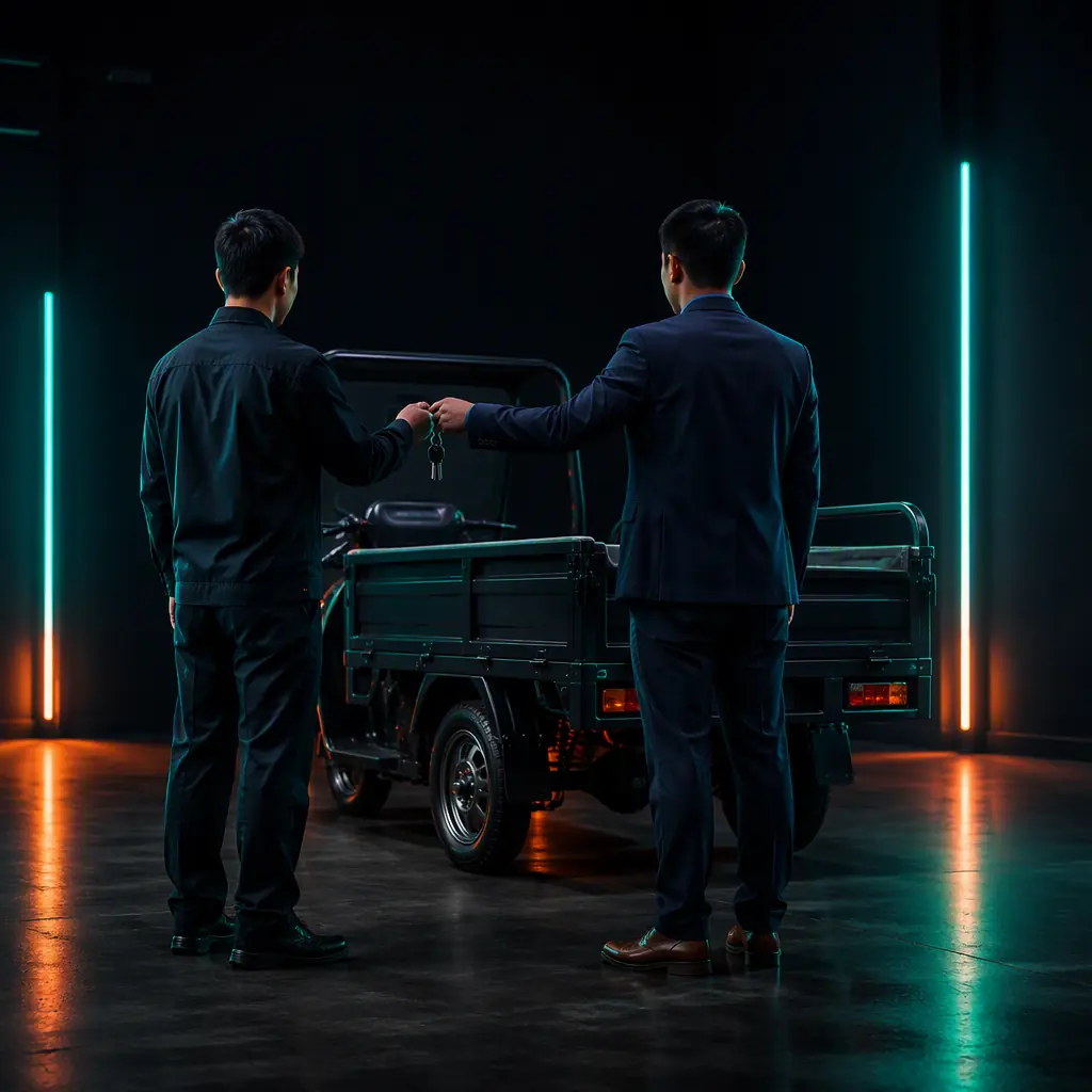 Dealership handover of a three-wheeled electric cargo tricycle to a new owner in a dark showroom, teal rim lighting, no faces visible