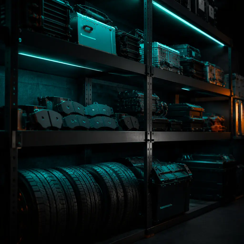 Organized spare parts shelf with brake pads, tires, controllers, and battery packs in a dark dealership service bay, teal accent lighting