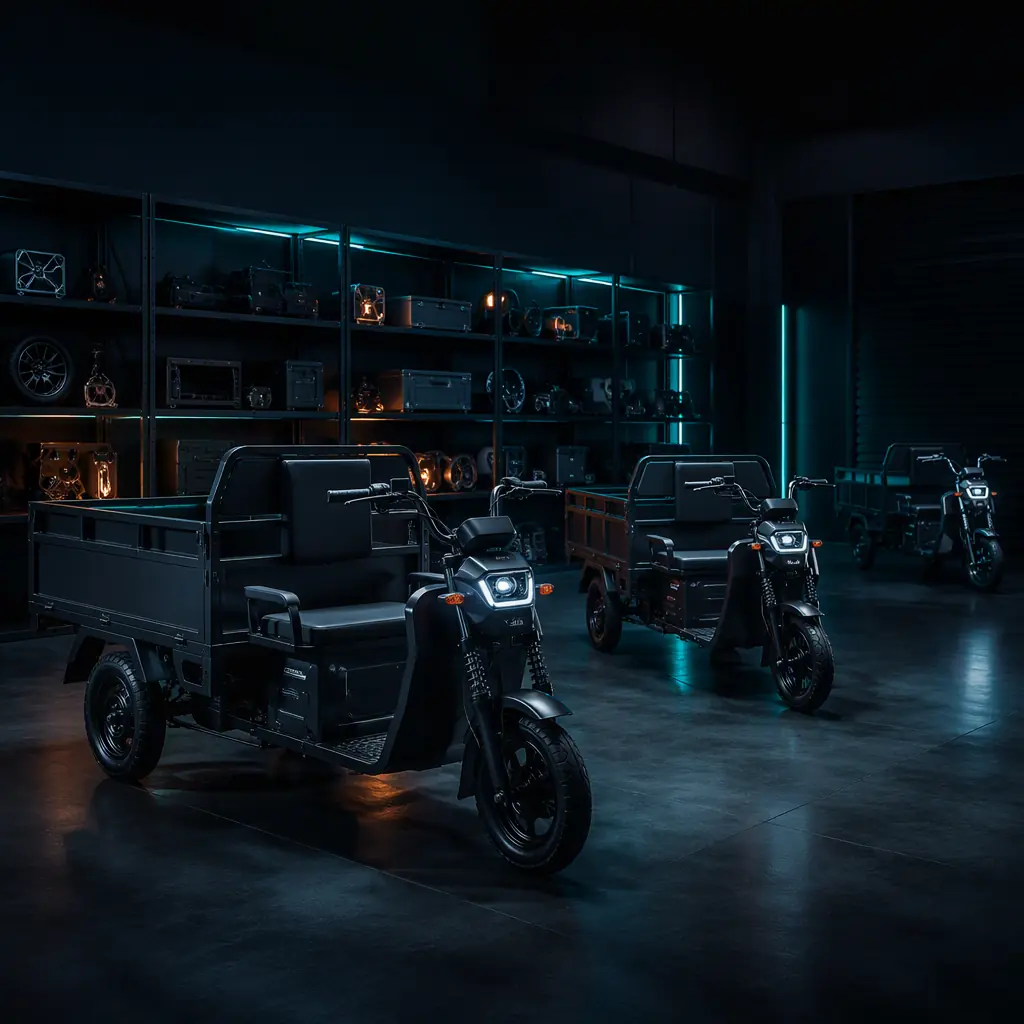 Electric cargo tricycles displayed on a dark showroom floor with teal rim lighting and a parts shelf in the background