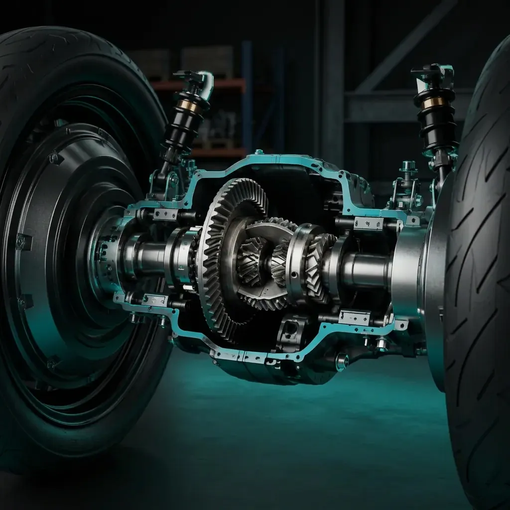 Black electric cargo tricycle rear axle cutaway showing the differential housing, ring and pinion gears, half shafts and dual load-rated rear wheels