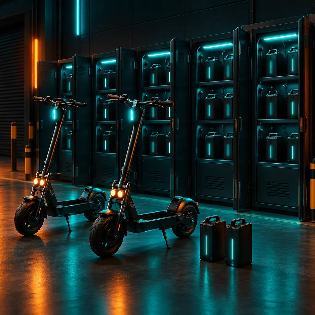 Central charging cabinet bank with swappable e-scooter battery packs racked and charging indoors
