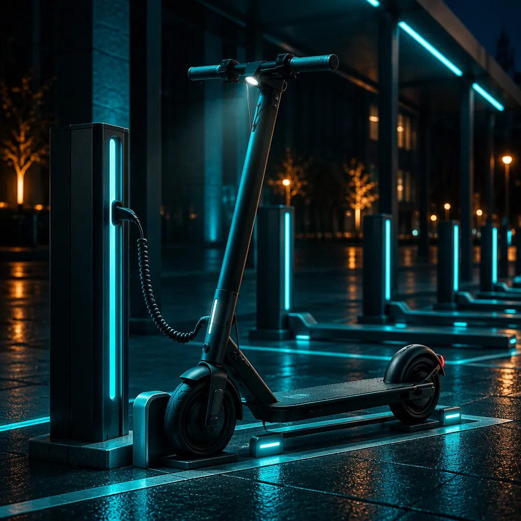 E-scooter charging dock and cabinet bank with fleet vehicles charging at a depot station