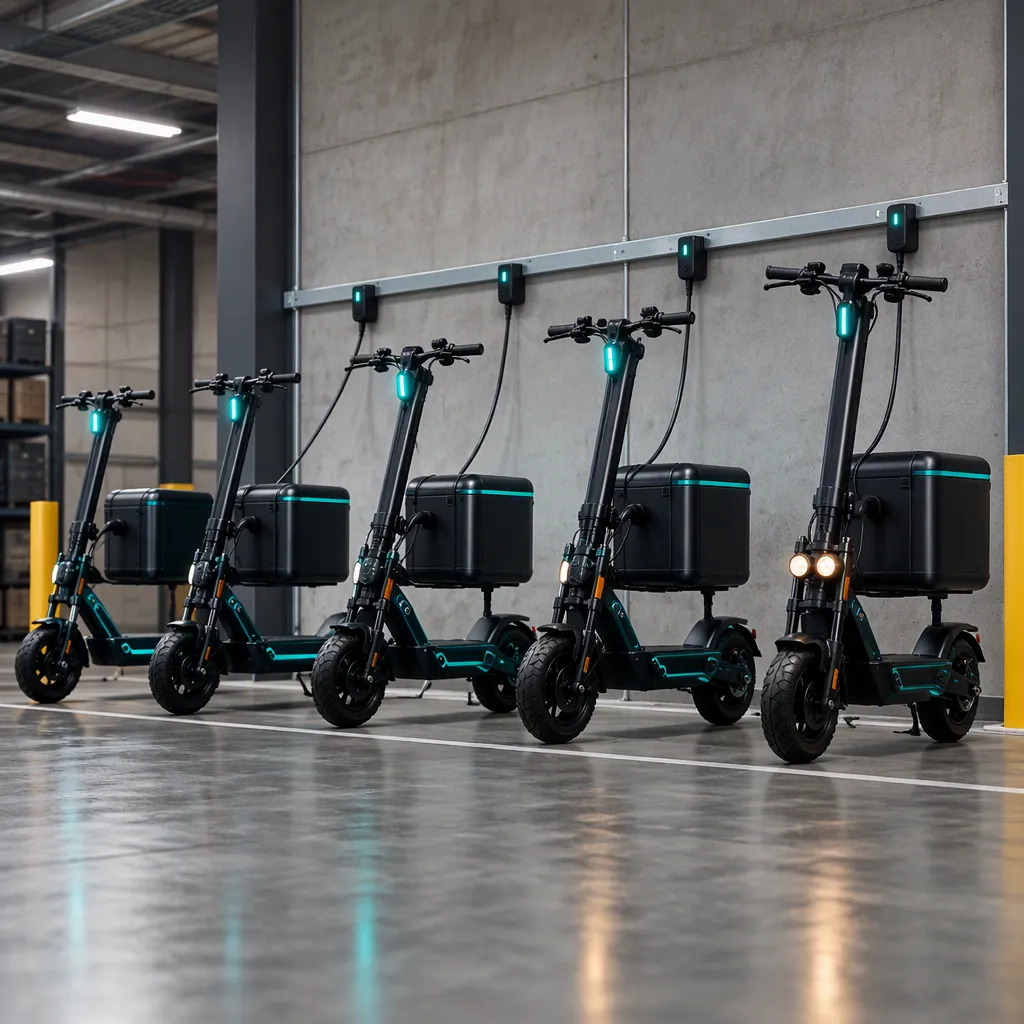 Delivery e-scooter fleet parked in a row at a depot loading dock during shift handover