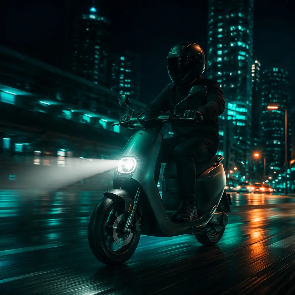 Electric moped riding through a modern city street at night with teal and orange light bokeh