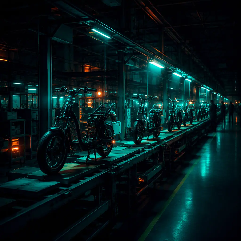 Electric moped assembly line in a dark factory at night with rows of frames and teal work lights