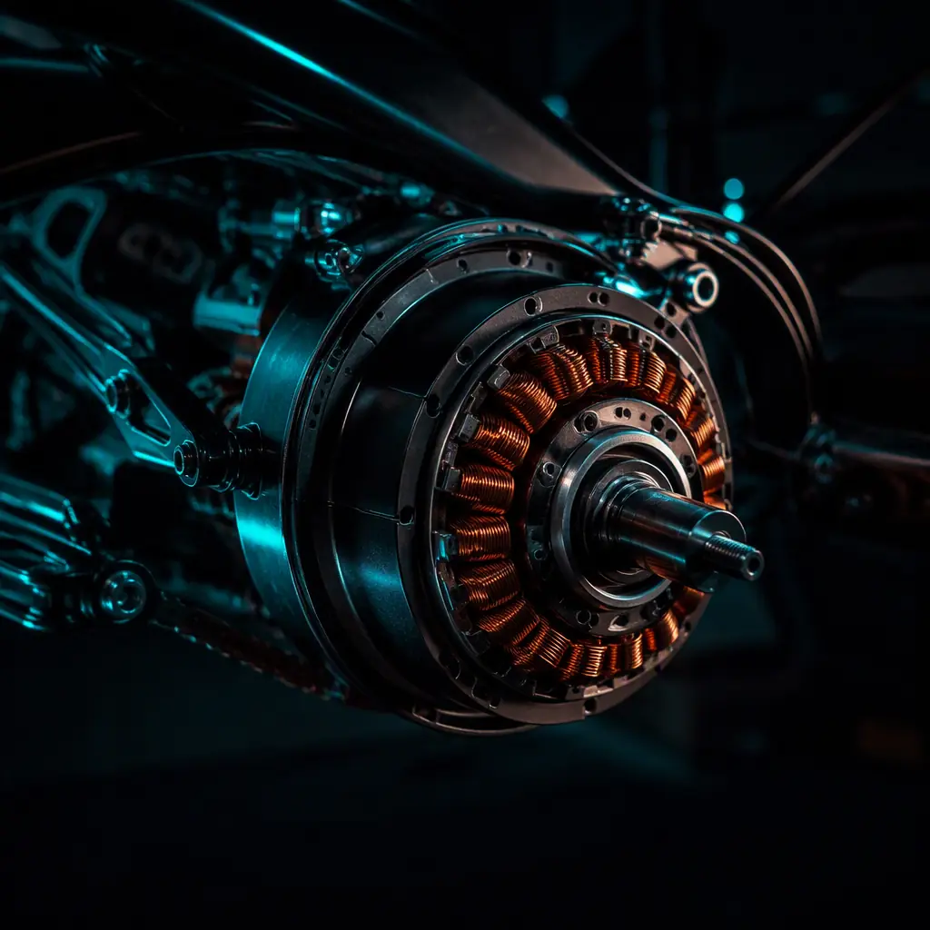 Close-up of a high-torque 72V electric hub motor with copper windings mounted in a moped swingarm