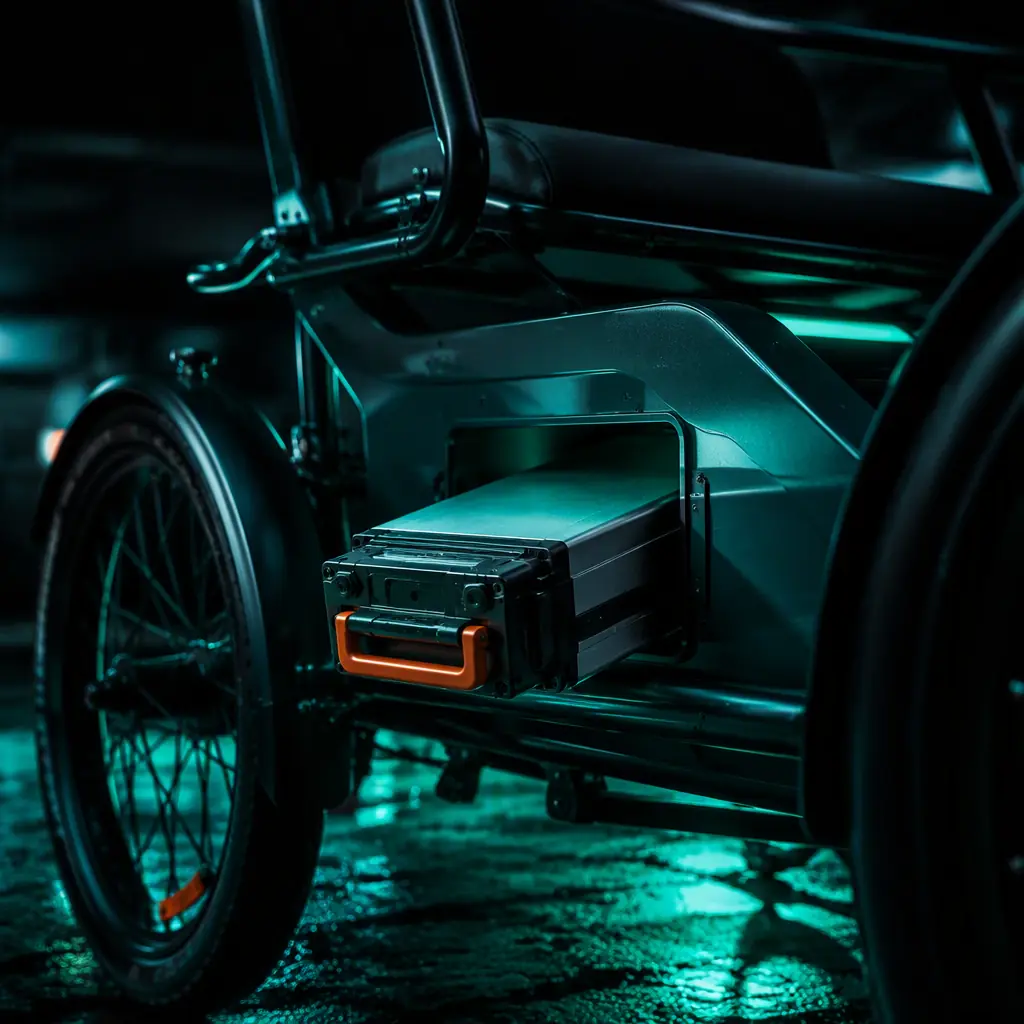 Removable lithium battery pack being slid out of a passenger e-tricycle frame compartment