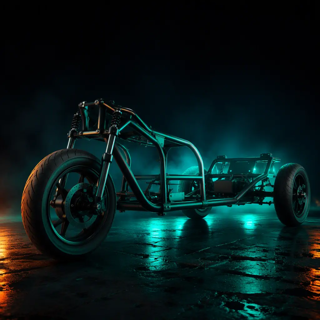 Low angle 3D render of an electric tricycle chassis frame with three wheels and teal rim light