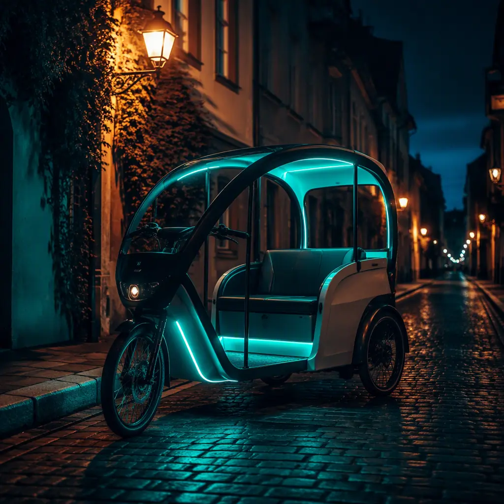Passenger electric tricycle parked on a quiet European street at dusk with warm lamps and teal rim light