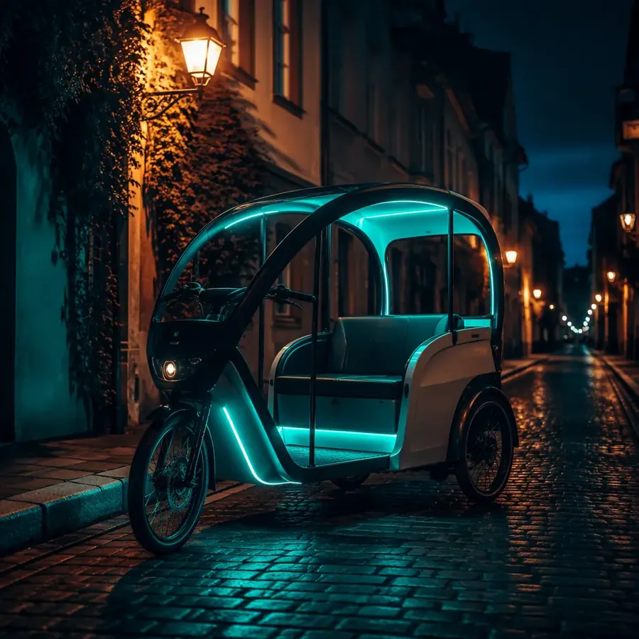 Passenger electric tricycle parked on a quiet European street at dusk with warm lamps and teal rim light