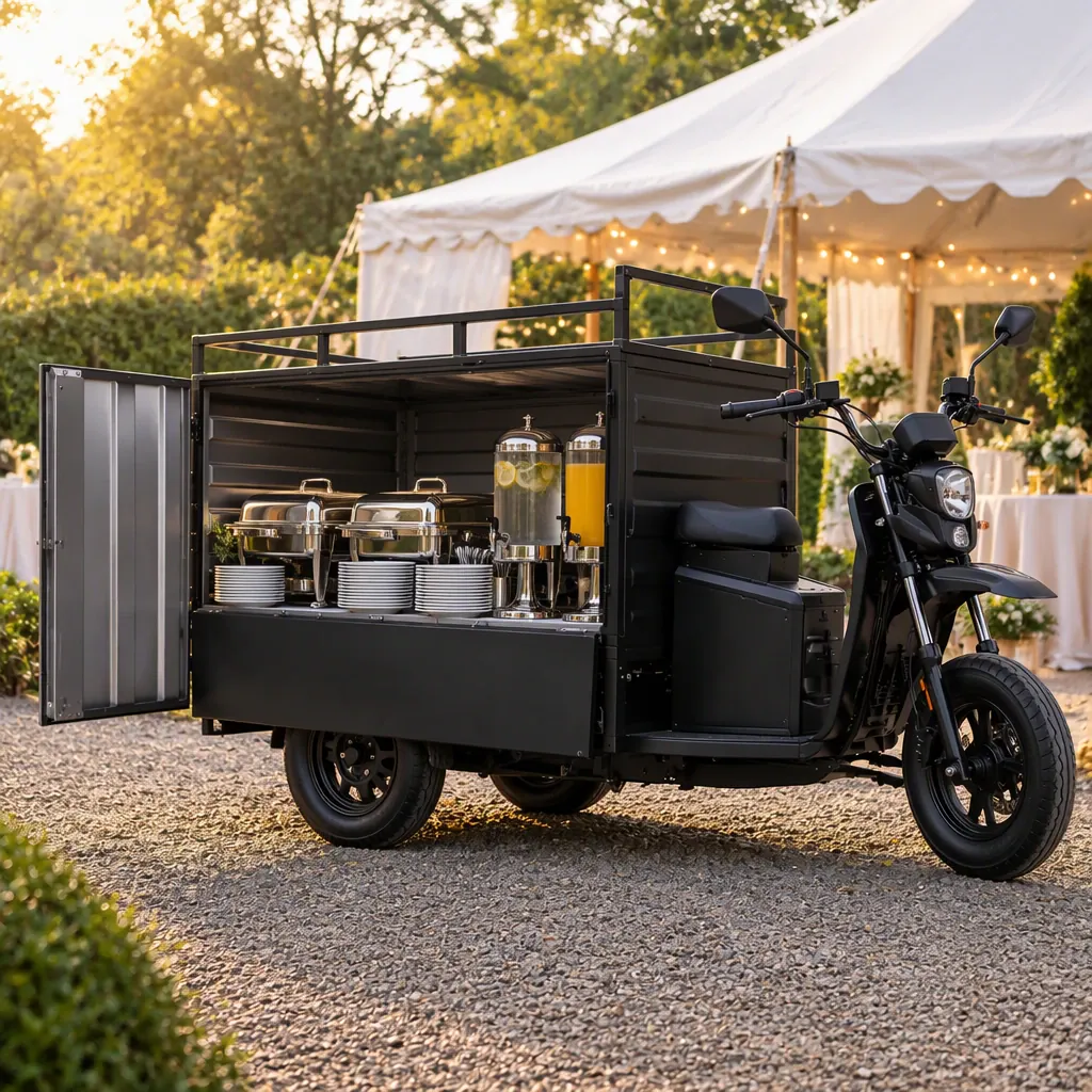 Catering cargo tricycle with its drop-side box open on a gravel service lane beside an event marquee, holding chafing dishes and beverage dispensers