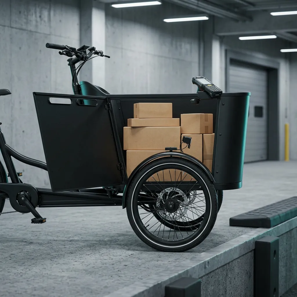 Loaded electric cargo tricycle backed into a parcel depot loading bay with drop-side cargo box open for scanning