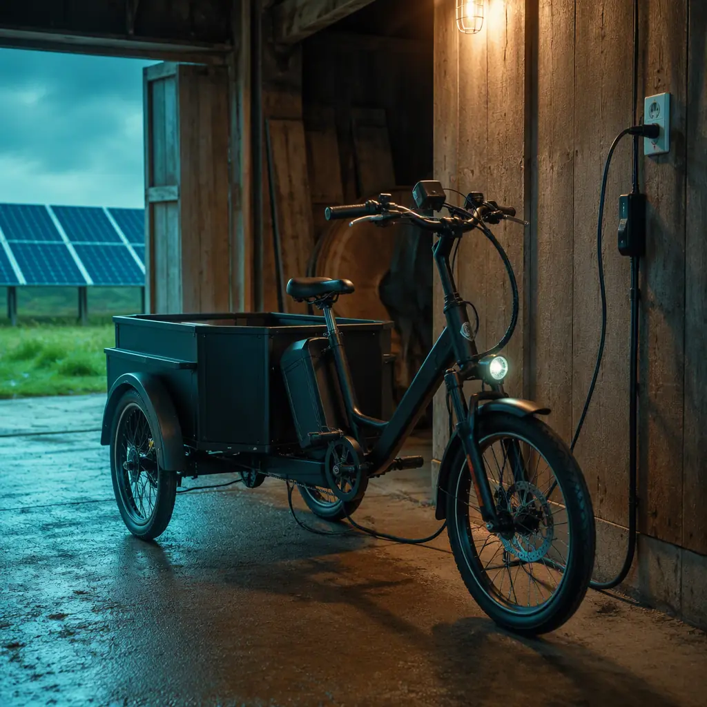 Three-wheeled electric cargo tricycle charging from a wall socket inside a barn with solar panels visible through the door
