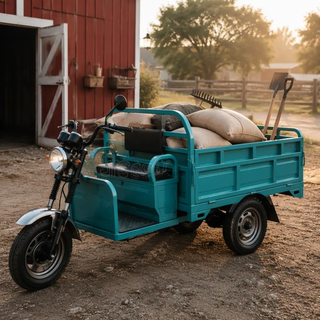 Three-wheeled electric cargo tricycle with feed sacks and tools in its box, parked beside a red barn