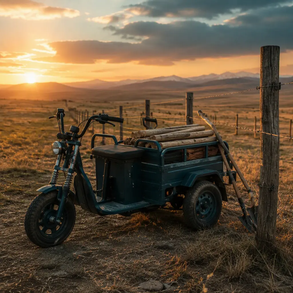 Three-wheeled electric cargo tricycle carrying fence posts and tools beside a wire fence line on a ranch at golden hour