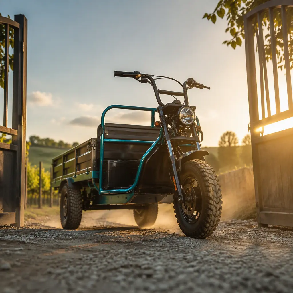 Three-wheeled electric cargo tricycle with thick tires driving over a gravel farm track through an open gate