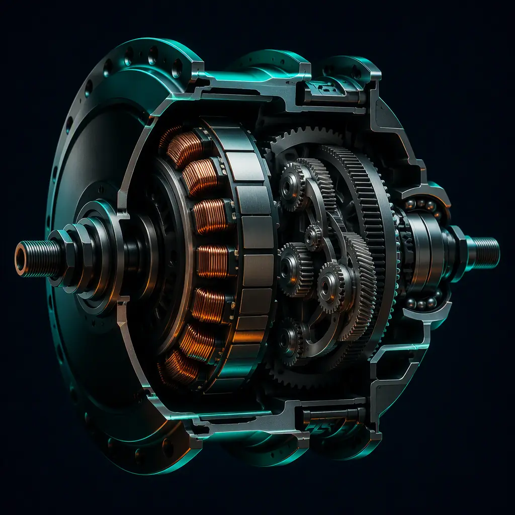 Photorealistic cross-section of a geared hub motor showing planetary gears and copper windings