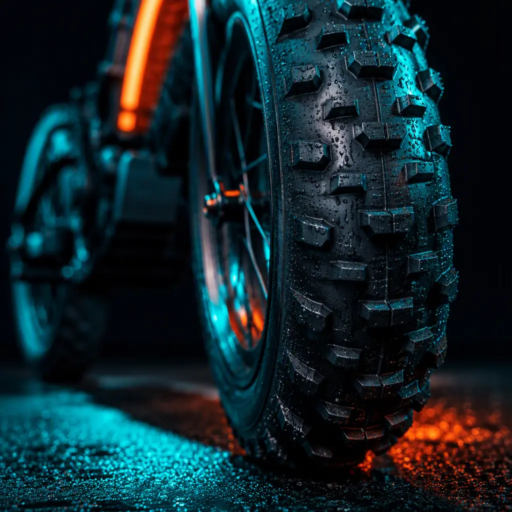 Macro shot of fat-tire e-bike tread with knobby lugs on dark asphalt