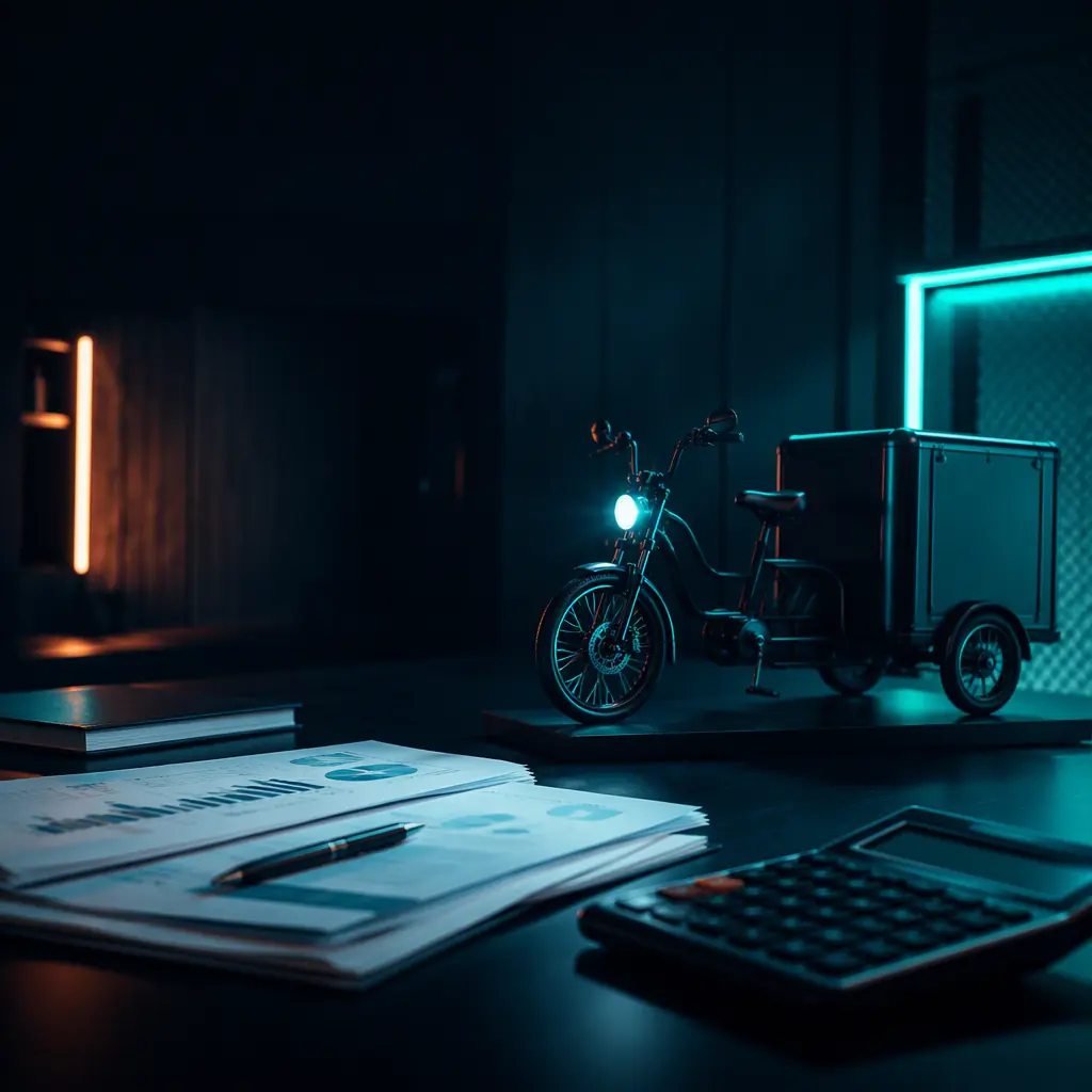 Financial documents, calculator, and pen on a dark desk beside a small electric tricycle model, teal accent lighting, no readable text
