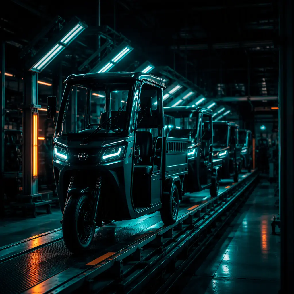 Electric tricycles on a factory quality-inspection line with test lights overhead, dark industrial hall with teal accents