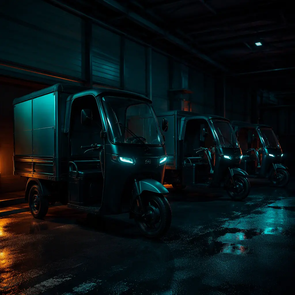 Fleet of electric cargo tricycles parked in formation in a dark depot with teal rim lighting