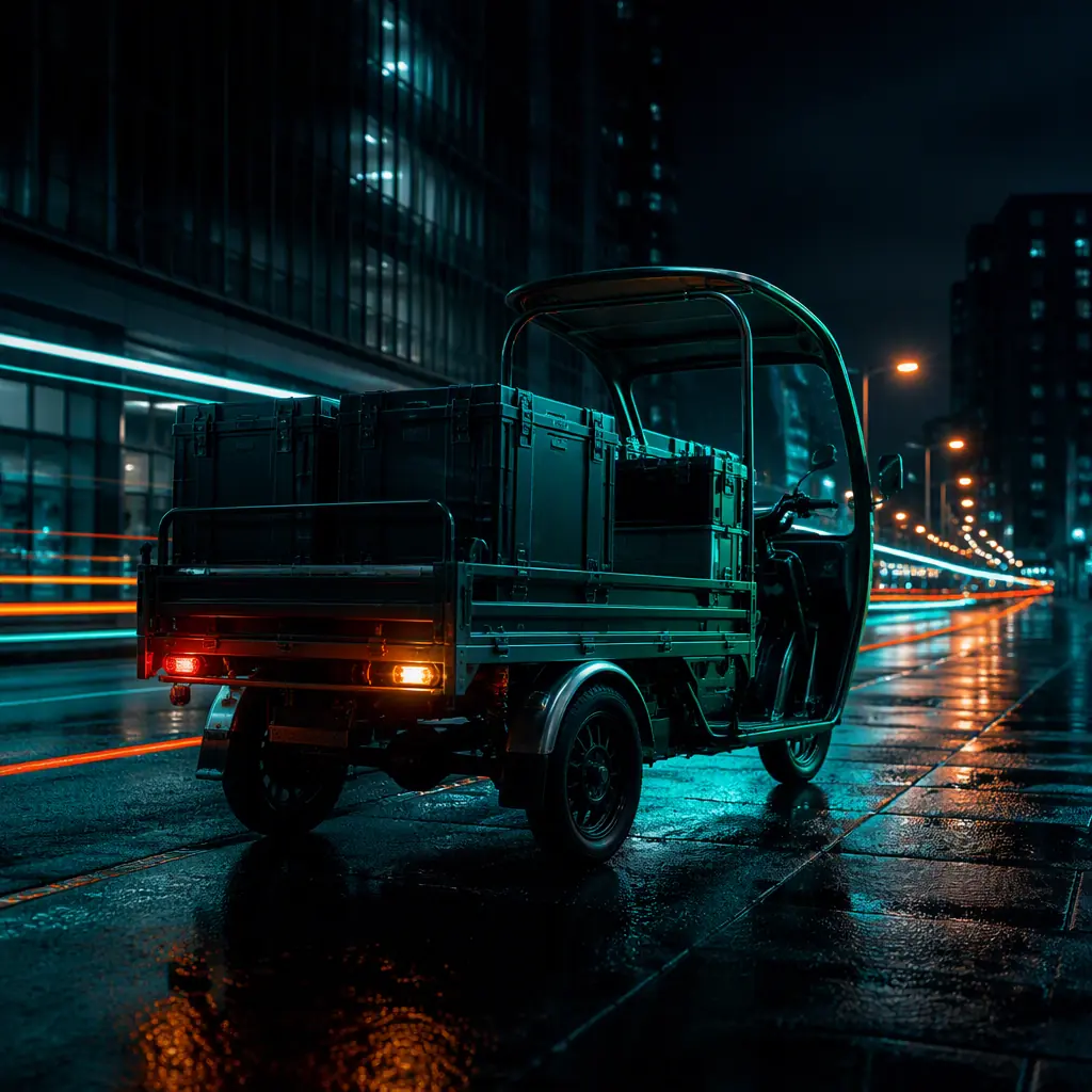 Electric cargo tricycle on a delivery route through an urban street at night, teal and orange light trails, cinematic dark atmosphere