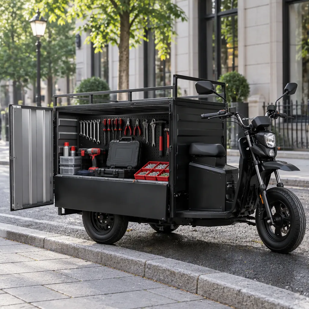 Technician loading a tool and parts kit into the drop-side cargo box of an electric service tricycle