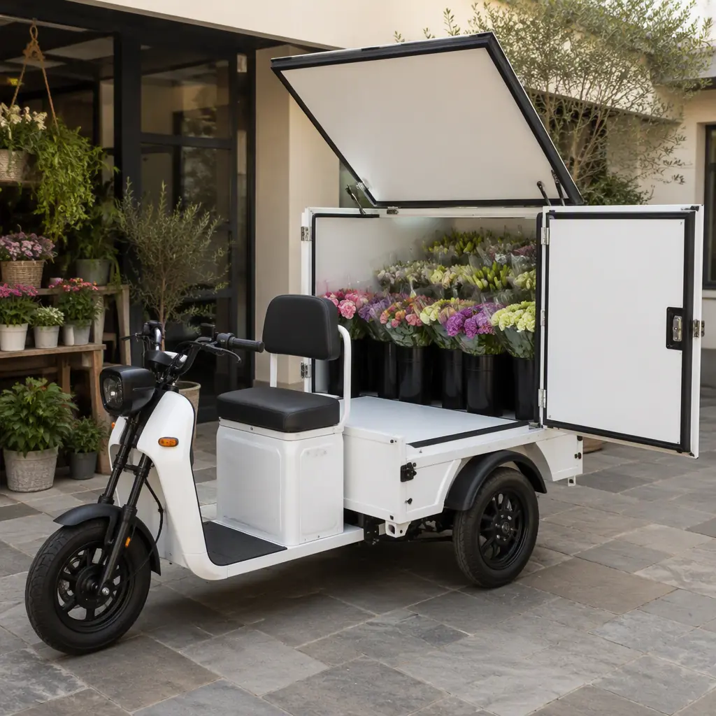 Sealed shaded insulated compartment of an electric cargo tricycle keeping cut flower stems cool and hydrated