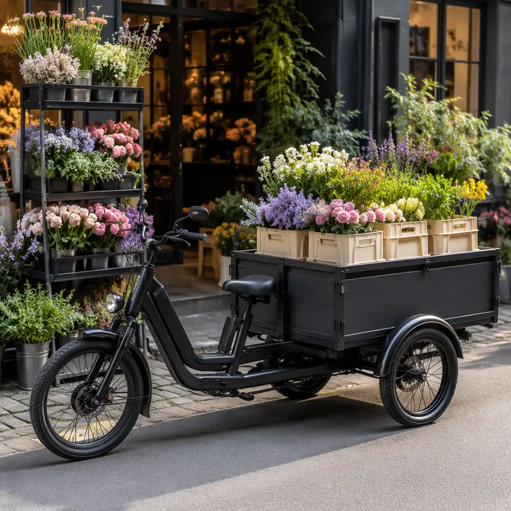 Electric cargo tricycle loaded with fresh flower crates and a tall stand outside a florist shop