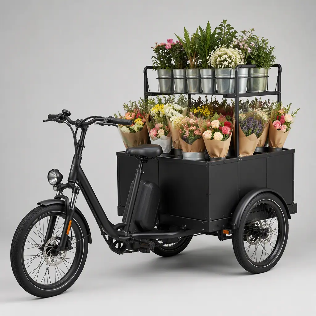 Divided crate interior of an electric cargo tricycle holding flower buckets and a plant stand upright