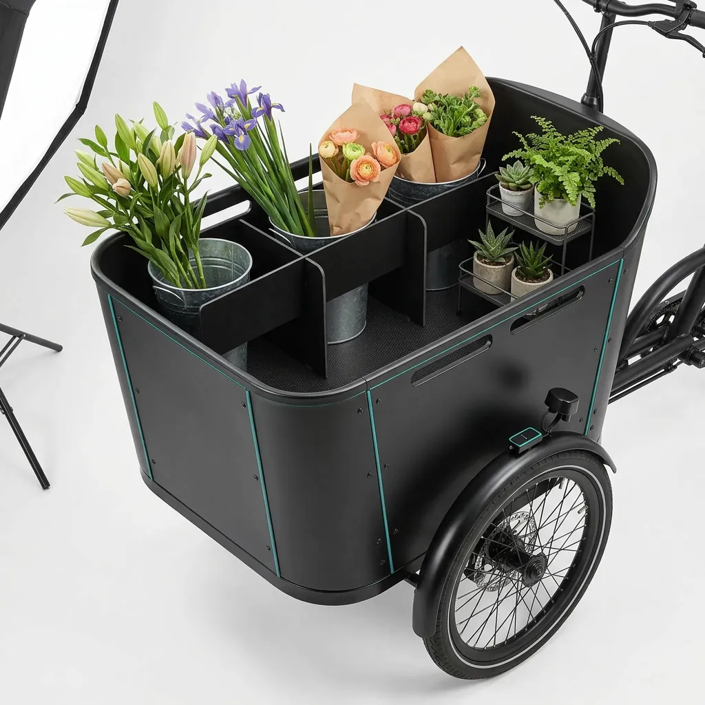 Divided crate interior of an electric cargo tricycle holding flower buckets and a plant stand upright